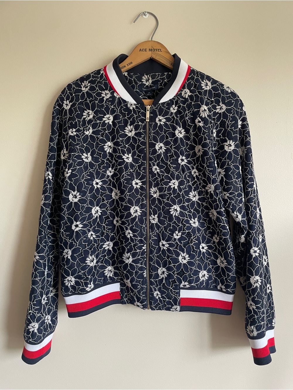 Tommy Hilfiger Navy Floral Embroidered Bomber Jacket with Red-White Trim size sm